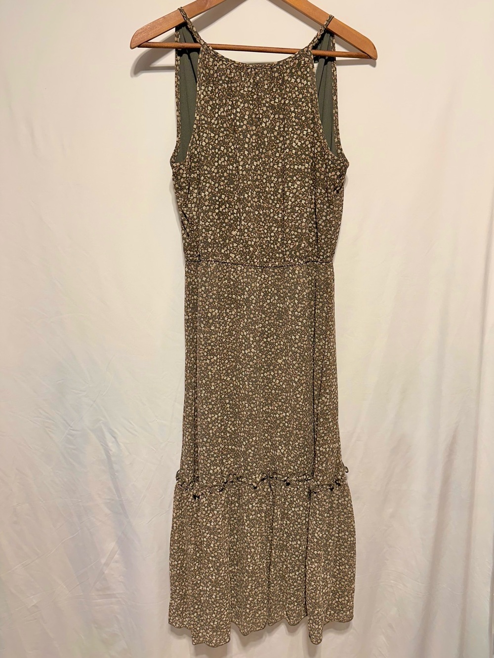 Apricot Floral Midi Dress US 8 Olive Tie Back Tiered Ruffle Sleeveless - Picture 2 of 9